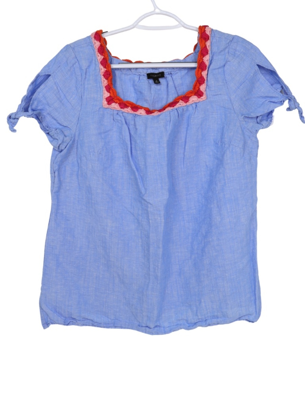 Talbots Blue Linen Embroidered Square Neck Blouse M Tie Sleeve Boho